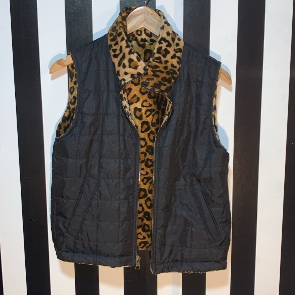 Vintage Reversible Black/Leopard Print Winter Puffy Vest 90s y2k Aesthetic Small - Picture 10 of 14